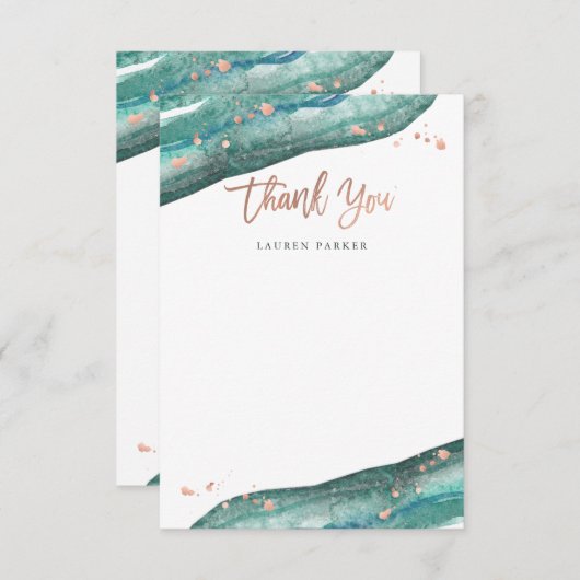 Waterverf Blauwgroen en Roos Gold Geode Bedankkaart (Voorkant / Achterkant)