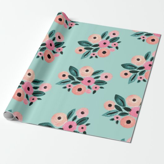 Waterverf Blauwgroen en roze Floral Cadeaupapier (Uitgerold)