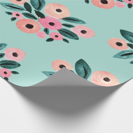 Waterverf Blauwgroen en roze Floral Cadeaupapier (Hoek)