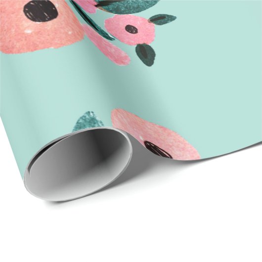 Waterverf Blauwgroen en roze Floral Cadeaupapier (Rol Hoek)