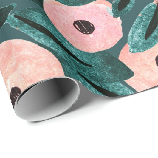 Waterverf Blauwgroen en roze Floral Cadeaupapier (Rol Hoek)