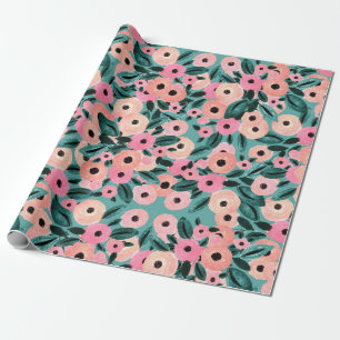 Waterverf Blauwgroen en roze Floral Cadeaupapier