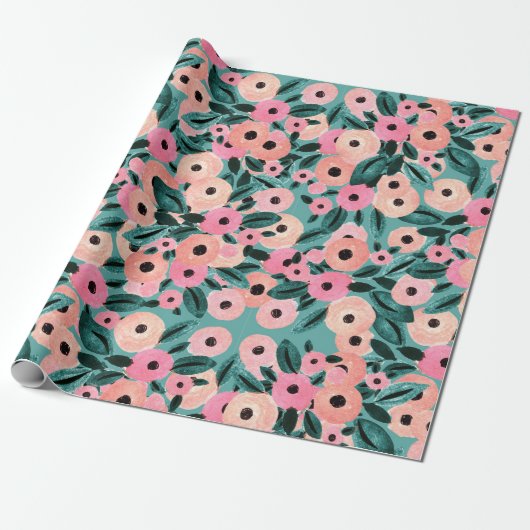 Waterverf Blauwgroen en roze Floral Cadeaupapier (Uitgerold)