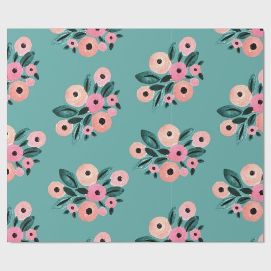 Waterverf Blauwgroen en roze Floral Cadeaupapier (Vlak)
