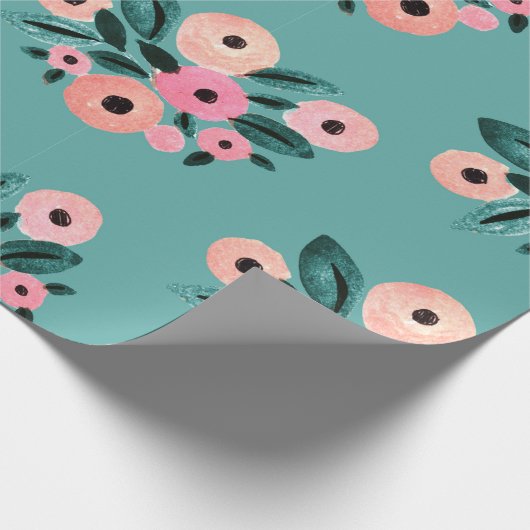 Waterverf Blauwgroen en roze Floral Cadeaupapier (Hoek)