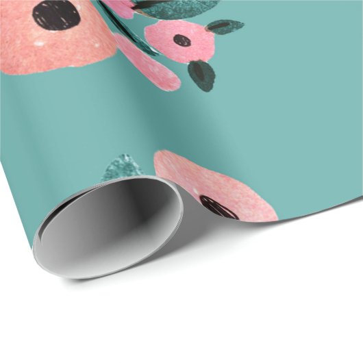 Waterverf Blauwgroen en roze Floral Cadeaupapier (Rol Hoek)