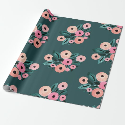 Waterverf Blauwgroen en roze Floral Cadeaupapier (Uitgerold)