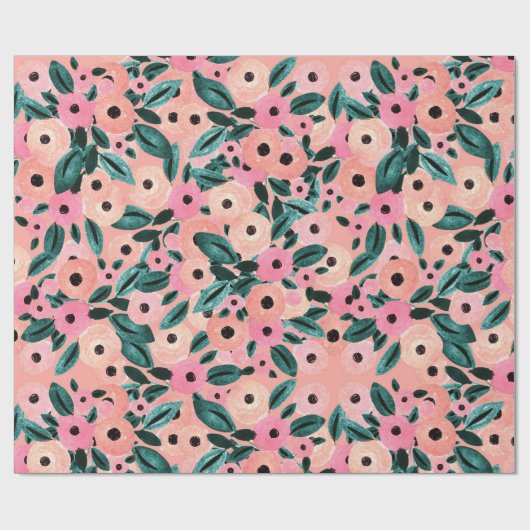 Waterverf Blauwgroen en roze Floral Cadeaupapier (Vlak)