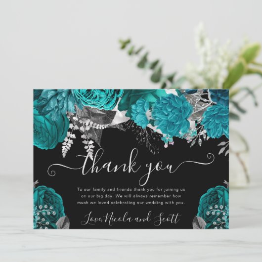 Waterverf Blauwgroen en zilveren Rozen bruiloft Bedankkaart (Staand voorkant)