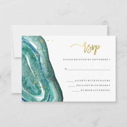 Waterverf Blauwgroen Geode en Faux Gold bruiloft R RSVP Kaartje (Voorkant)