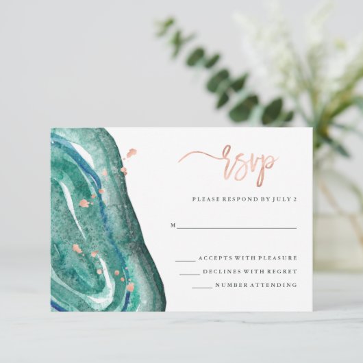 Waterverf Blauwgroen Geode en Faux Roos Gold RSVP (Staand voorkant)