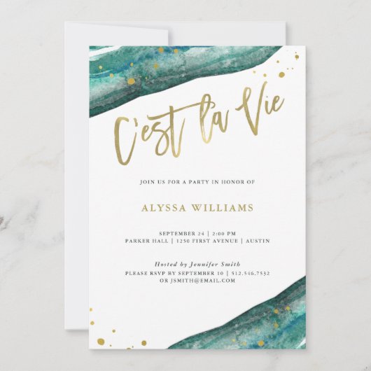 Waterverf Blauwgroen Geode en goud | C'est la Vie Kaart (Voorkant)
