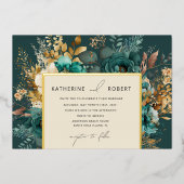 Waterverf Blauwgroen Goud Bloemen Bruiloft Folie Uitnodiging (Voorkant)