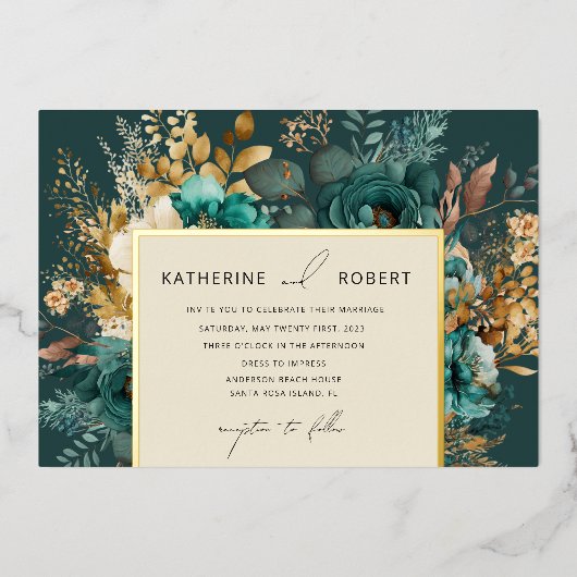 Waterverf Blauwgroen Goud Bloemen Bruiloft Folie Uitnodiging (Voorkant)