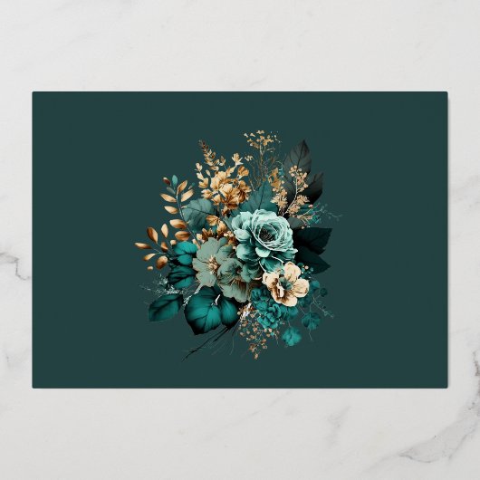 Waterverf Blauwgroen Goud Bloemen Bruiloft Folie Uitnodiging (Achterkant)