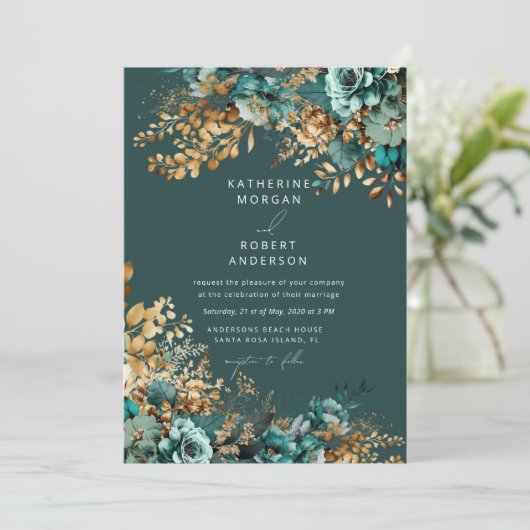 Waterverf Blauwgroen Goud Bloemen Bruiloft Kaart (Staand voorkant)