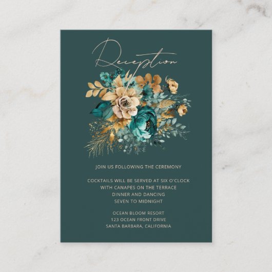 Waterverf Blauwgroen Goud Bloemen Receptie Informatiekaartje (Voorkant)