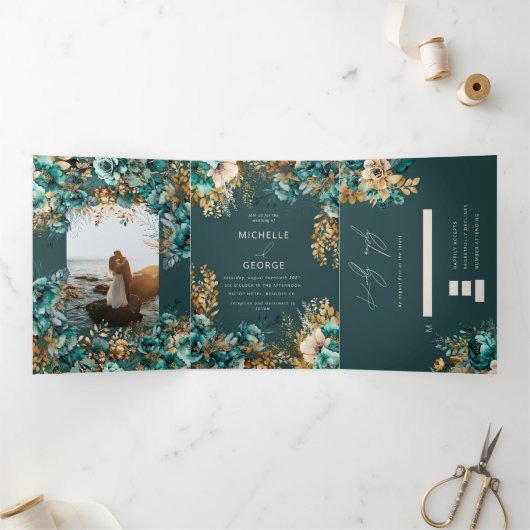 Waterverf Blauwgroen Gouden Bloemen Drieluik Uitnodiging (Binnen)