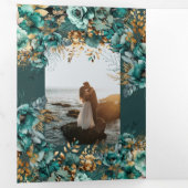 Waterverf Blauwgroen Gouden Bloemen Drieluik Uitnodiging (Binnenzijde eerst)