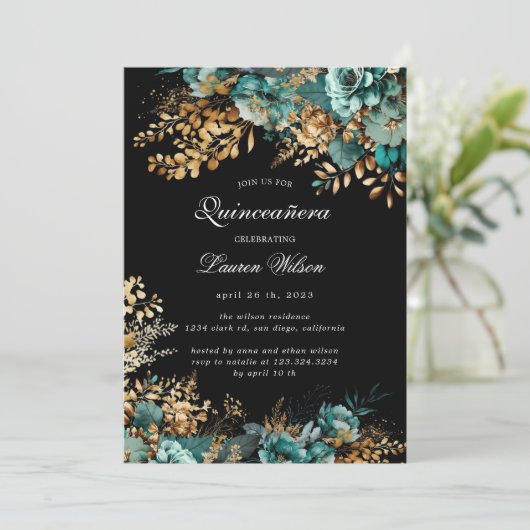 Waterverf Blauwgroen Gouden Bloemen Quinceanera Kaart (Staand voorkant)