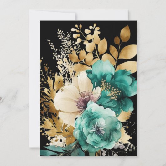 Waterverf Blauwgroen Gouden Bloemen Quinceanera Kaart (Achterkant)