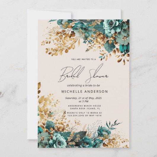 Waterverf Blauwgroen Gouden Bloemen Vrijgezellenfe Kaart (Voorkant)