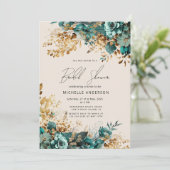 Waterverf Blauwgroen Gouden Bloemen Vrijgezellenfe Kaart (Staand voorkant)