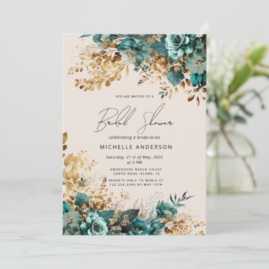 Waterverf Blauwgroen Gouden Bloemen Vrijgezellenfe Kaart (Staand voorkant)