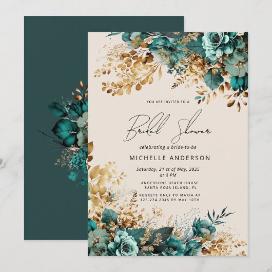 Waterverf Blauwgroen Gouden Bloemen Vrijgezellenfe Kaart (Voorkant / Achterkant)