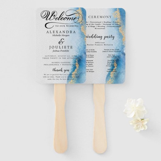 Waterverf | Blauwgroen huwelijksprogramma Hand Fan Handwaaier (Voorkant en achterkant)