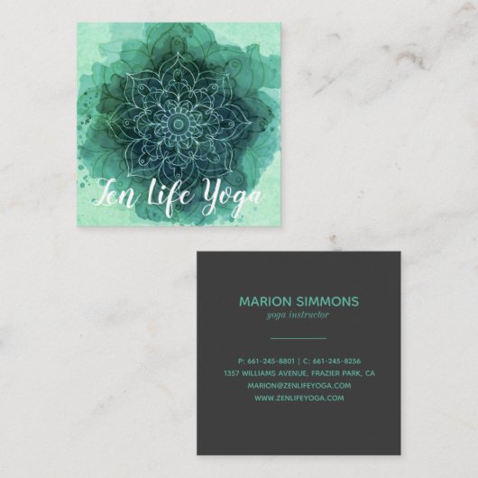 Waterverf Blauwgroen Lotus Floral Square Visitekaa Vierkante Visitekaartje (Voorkant / Achterkant)