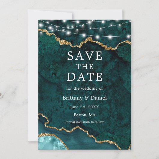 Waterverf Blauwgroen marmer Agate Geode Lichten Fo Save The Date (Voorkant)