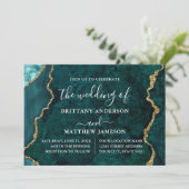 Waterverf Blauwgroen Marmeren Gouden Foto Bruiloft Kaart (Staand voorkant)