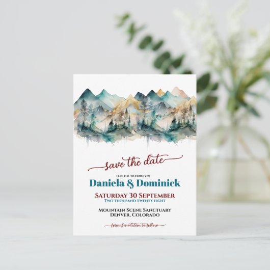 Waterverf Blauwgroen Mountain Wedding Save the Dat Briefkaart (Staand voorkant)