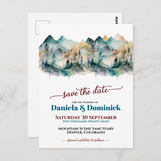 Waterverf Blauwgroen Mountain Wedding Save the Dat Briefkaart (Voorkant / Achterkant)