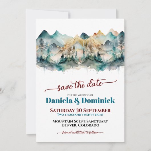 Waterverf Blauwgroen Mountain Wedding Save the Dat Kaart (Voorkant)