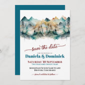Waterverf Blauwgroen Mountain Wedding Save the Dat Kaart (Voorkant / Achterkant)