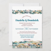 Waterverf Blauwgroen Oranje Mountain Wedding Invit Kaart (Voorkant)