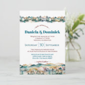 Waterverf Blauwgroen Oranje Mountain Wedding Invit Kaart (Staand voorkant)