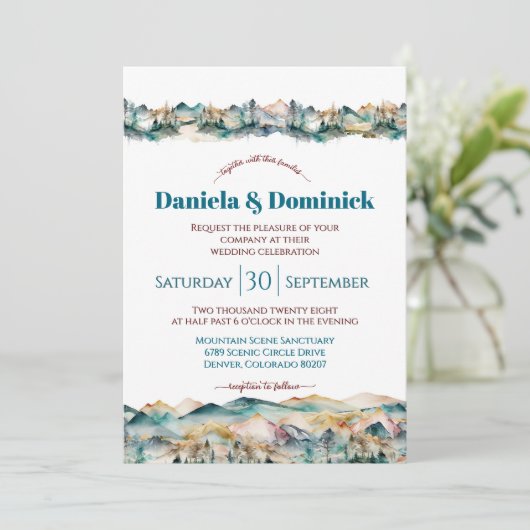 Waterverf Blauwgroen Oranje Mountain Wedding Invit Kaart (Staand voorkant)