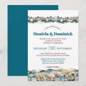 Waterverf Blauwgroen Oranje Mountain Wedding Invit Kaart (Voorkant / Achterkant)