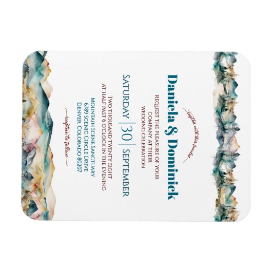 Waterverf Blauwgroen Oranje Mountain Wedding Invit Magneet (Horizontaal)