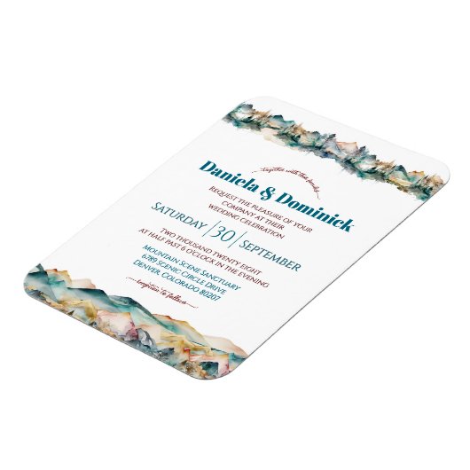 Waterverf Blauwgroen Oranje Mountain Wedding Invit Magneet (Linkerzijde)