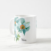 💦 Waterverf Blauwgroen papaver naam of monogram Koffiemok (Voorkant links)