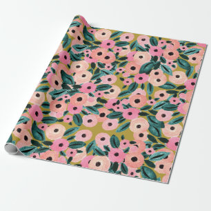 Waterverf Blauwgroen, roze en goudbloem Cadeaupapier