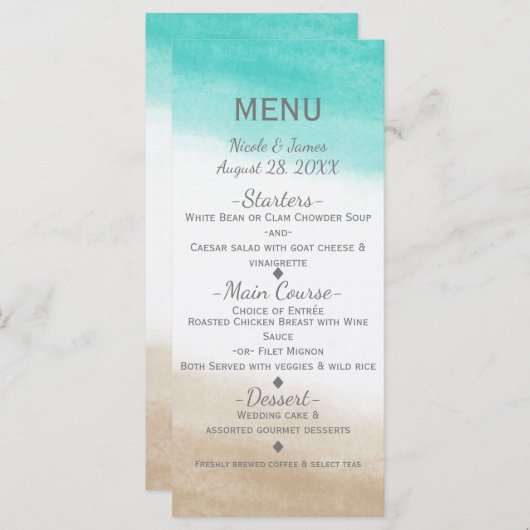 Waterverf Blauwgroen & Tan Elegant Strand Bruiloft Menu (Voorkant / Achterkant)