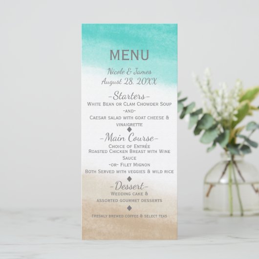 Waterverf Blauwgroen & Tan Elegant Strand Bruiloft Menu (Staand voorkant)