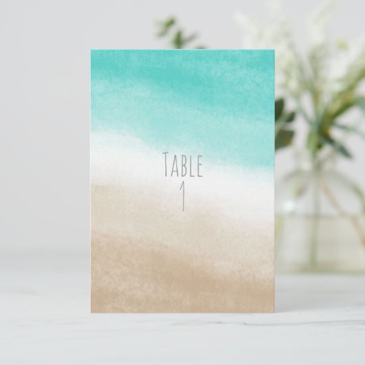 Waterverf Blauwgroen & Tan Elegant Strand Trouwtaf Kaart (Staand voorkant)