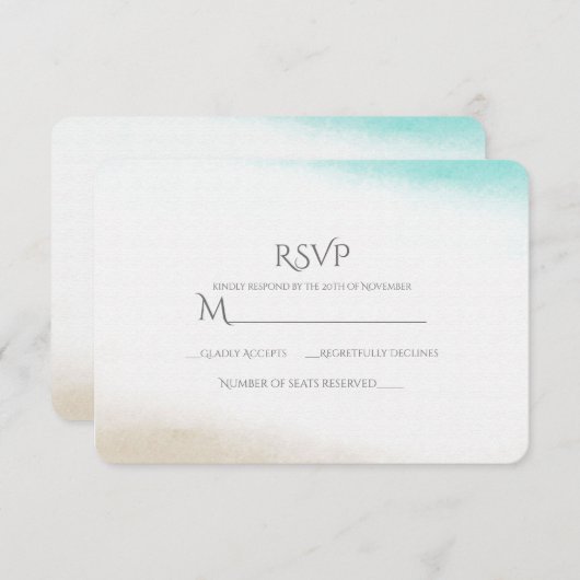 Waterverf Blauwgroen & Tan Subtiel Strand Bruiloft RSVP Kaartje (Voorkant / Achterkant)