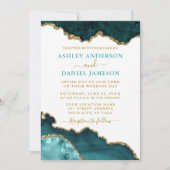 Waterverf Blauwgroen Wit-gouden Geode Marmer Weddi Kaart (Voorkant)